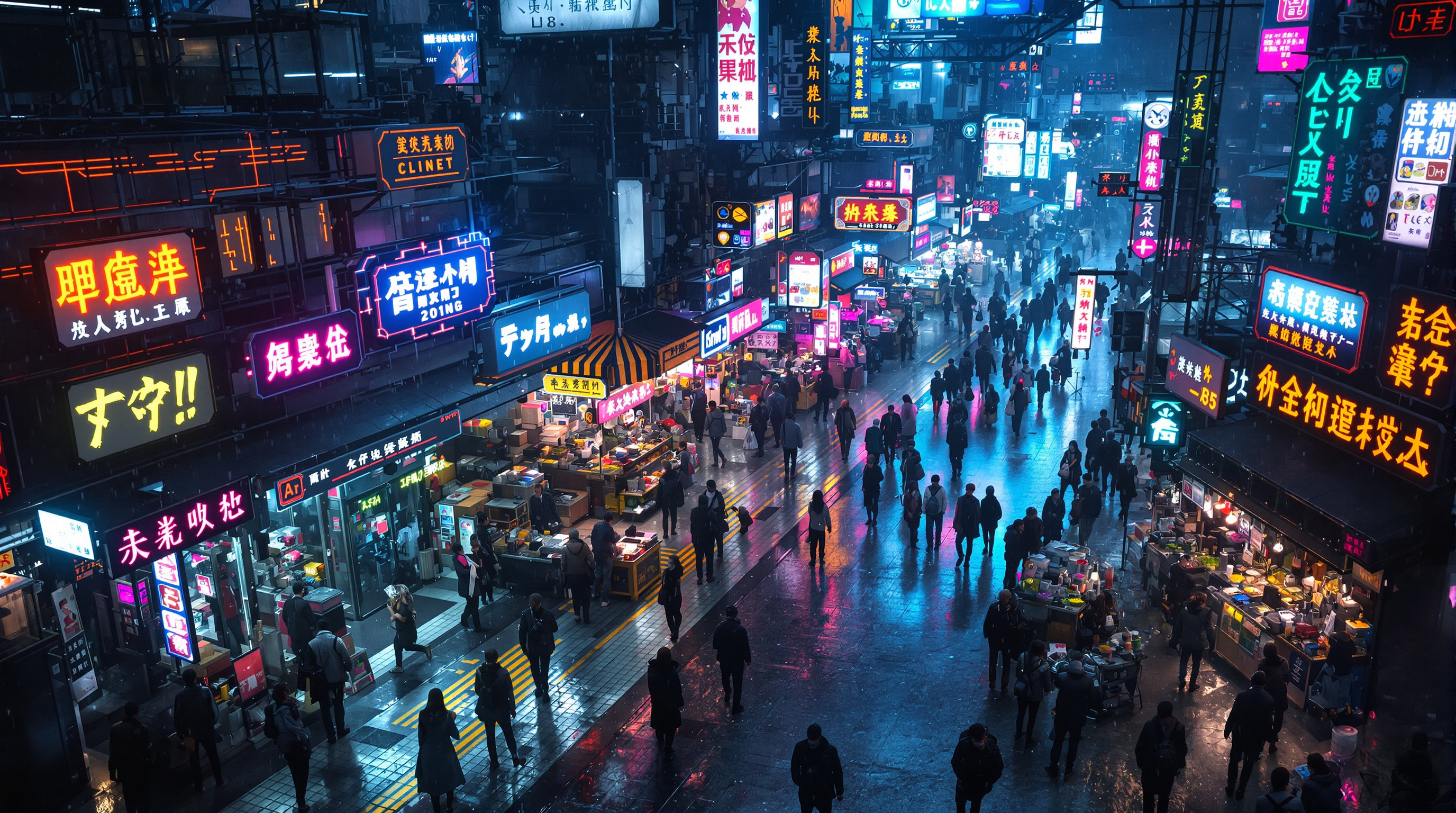 A bustling futuristic market in a neon city, market stalls with glowing signs in various languages, people wearing cyberpunk clothes, rain reflecting lights on wet pavement, aerial view, highly detailed