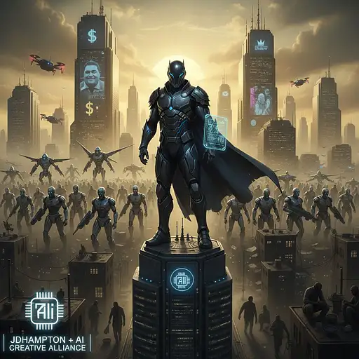 In the near future, during a morning sunrise the corruption has reached unprecedented levels. Politicians and corporate elites operate above the law, exploiting the system for power and profit while the people suffer. But when an enigmatic vigilante warrior known as **The Sentinel** emerges, armed with cutting-edge AI and an army of hyper-advanced robots, justice finally has a fighting chance. JDHampton + AI | Creative Alliance