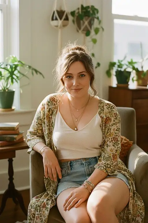 portrait of the uploaded woman in indie fashion, wearing a soft linen cropped tank layered with a loose open vintage cardigan, high-waisted faded denim shorts, delicate layered necklaces and thin bracelets, messy loose updo with strands framing her face, warm sunlight filling the room, cozy bohemian interior with plants and vintage furniture, dreamy cinematic atmosphere, film-like grain, airy summer vibe, ultra realistic, 4k, no text, no date stamp