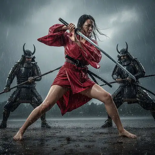 A beautiful Japanese female warrior, wearing a short red kimono, blown wide open by the wind. Skin is soaking wet. action in motion, with a katana in hand. Camera angle is low, in front of the character. heavy rain. realistic octane rendering. Barefoot with blood-red nail paint. Dramatic and intense scene. fight with armored soldier. with spears. Portrait, vertical orientation 9:16