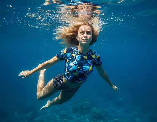 A beautiful girl with big green eyes slanted almond-shaped cute eyelashes is swimming underwater. The water around her shimmers like glass. The girl's shirt color glitters with light blue, yellow, and blue monochromatic, vibrant, hyper realistic style of photography with intricate details in high resolution, high definition professional photograph. --ar 4:5 --v 6.0