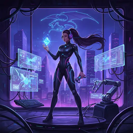 A vibrant, cyberpunk-style art illustration of a confident woman in a sleek, black armored bodysuit with neon accents. She holds a glowing blue crystal in one hand and a game controller in the other, standing in a high-tech room with keyboards and a robotic arm. Her long ponytail flows, and she wears headphones. The background features a neon-lit cityscape with a dragon silhouette, dramatic purple and blue tones, and intricate details, blending futuristic and gaming aesthetics.