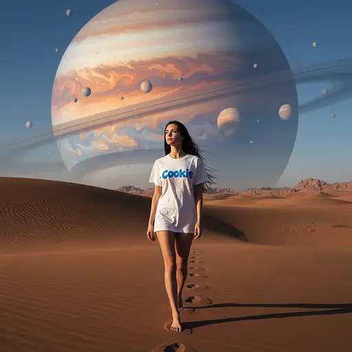 Ultra-realistic portrait, HD, 8K, high definition, rich in professional photographic detail and hyper-realistic textures. Photograph of a slender, fair-skinned woman with long dark hair, wearing a white t-shirt with written "Cookie" , barefoot, beautiful feet, 5 toes for feet, walk in a desert with a big planet in the sky