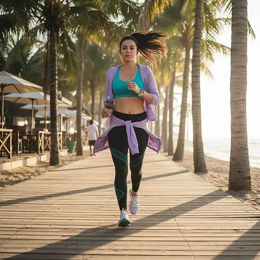 Sarah maintains a steady rhythm as she jogs along the palm-lined beach path, her athletic frame moving with purpose as the morning sun casts long shadows through the swaying fronds above. Her dark hair, pulled back in a practical high ponytail, catches the tropical breeze, while a few loose strands frame her face. She's wearing a moisture-wicking turquoise sport bra that reveals her toned midsection, paired with low-waisted black compression leggings with subtle geometric patterns. Her lightweight lavender zip-up jacket, earlier tied around her waist, now flows with her movement. Her pristine white running shoes with teal accents strike a perfect tempo against the weathered wooden planks of the beachwalk, as morning light dances between the palm trees. Her cheeks are flushed from exertion, and her silver fitness watch tracks her progress. A reusable water bottle is secured in her running belt as she maintains her pace, passing by awakening beachfront cafes and other early risers enjoying the peaceful morning paradise.