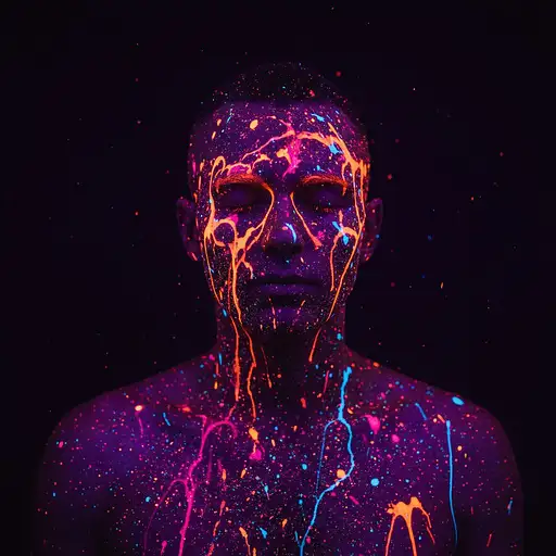 full body ighlyy detailed portrait of a man eith buzz cut hair style with his face and upper body covered in splashes of neon, fluorescent paint that glows vividly under UV blacklight. The man’s eyes are closed, her expression serene and peaceful, as vibrant colors—pinks, purples, oranges, and blues—dance across her skin. The glowing paint creates abstract patterns across her face, neck, and shoulders, with specks and streaks of bright neon colors enhancing the ethereal atmosphere. The lighting is dramatic and minimal, with the UV light illuminating the fluorescent paint, making the colors pop against the dark, almost pitch-black background. The contrast between the neon hues and the shadows emphasizes the glowing effect of the paint, giving the image a surreal, otherworldly feel. The texture of the paint is sharp and detailed, while the soft lighting highlights the contours of his face, creating a beautiful interplay of light and shadow. The overall mood is artistic, futuristic, and mesmerizing, with a focus on the glowing, vibrant colors and the serene expression of the subject." Key Elements (Embedded in the Prompt): Neon Fluorescent Paint: The subject’s face and body are adorned with splashes of vibrant fluorescent paint that glows under UV light, creating an abstract, artistic effect. UV Blacklight Lighting: The UV lighting illuminates the fluorescent paint, making the neon colors pop against the dark background. Closed-Eye Pose: The subject’s eyes are gently closed, with a serene expression, emphasizing a calm, peaceful mood. Dark, Minimal Background: The dark background provides strong contrast, allowing the glowing colors to stand out vividly. Soft Lighting on the Face: The soft lighting creates a beautiful interplay of light and shadow, highlighting the subject’s features while keeping the focus on the neon colors. Otherworldly, Artistic Vibe: The overall mood is futuristic and ethereal, capturing the surreal beauty of the glowing paint under UV light.