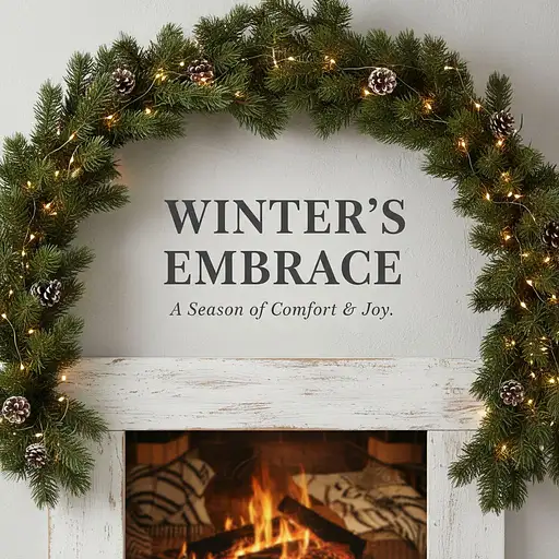 Green pine garland framing space, headline text in Playfair Display SC, bold serif.