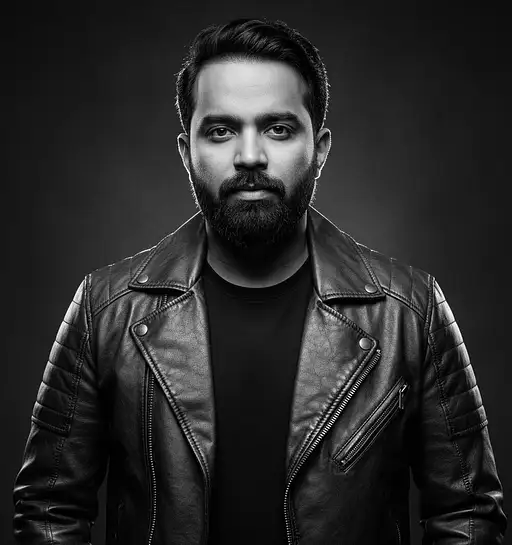 black and white photography, fashion editorial, a darkhaired man is leather jacket in studio lights in style take image face from input image, highres, realistic photo, professional photography, cinematic angle, dynamic light back shining,