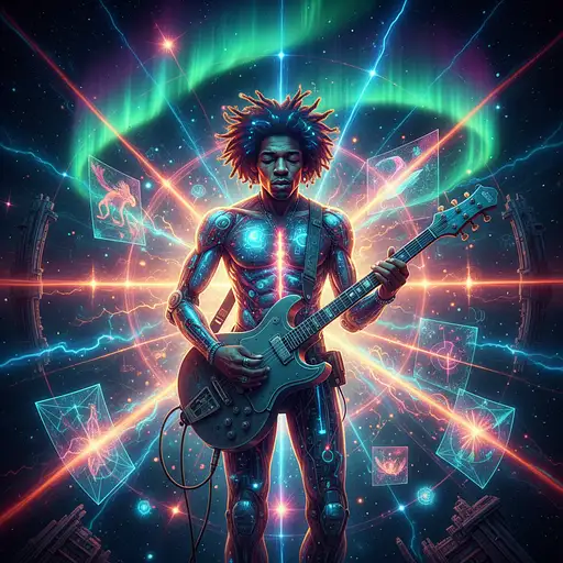 Jimmy Hendrix, cybernetic musician creating hypnotic tunes, light leaks, epic fantasy, vibrant color grading