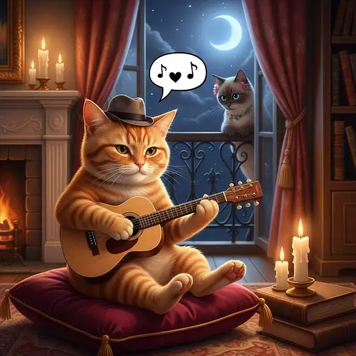 Make an image of cat playing a guitar and singing serenade