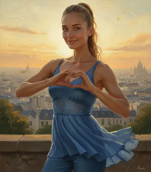 Neo-classical style painting, painted in Montmartre by an unknown artist of a semi muscular woman, green/grey yeas, dark blond ponytail stile hair wearing a cobalt blue light short summer dress with a lacy top on slacks slim waste predictable through traditional glazing techniques. Painted on aged canvas with antique varnish appearance. shows heart hand emoji
