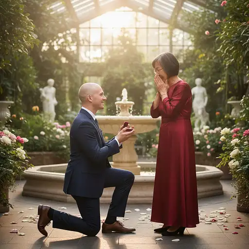 recreate image of a young bald white man proposing to an older asian woman , ultrarealistic , cinematic lighting