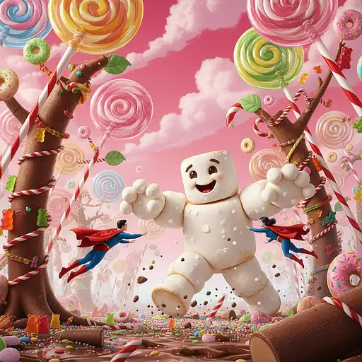 Two superheroes resembling Superman and Supergirl are flying through a forest of giant lollipops, candy canes, tootsie rolls and other candies. They are dwarfed by the huge candies. The superheroes are chasing a giant marshmallow man trundling through the forest breaking trees with a smile on his face. Ultradetaoled, 16:9, 8k resolution, super saturated colors, pink sky