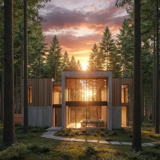 create realistic photo of a modern town house with being textured walls with big windows in the middle of forest with tall trees and a beautiful sunset