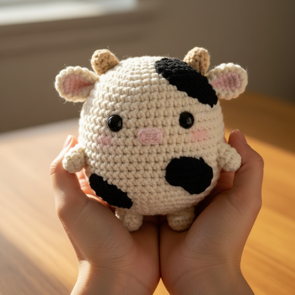 A close-up, professionally composed photograph showcasing a hand-crocheted yarn doll gently cradled by two hands. The doll has a rounded shape, featuring the cute chibi image of the [upload image] character, with vivid contrasting colors and rich details. The hands holding the doll are natural and gentle, with clearly visible finger postures, and natural skin texture and light/shadow transitions, conveying a warm and realistic touch. The background is slightly blurred, depicting an indoor environment with a warm wooden tabletop and natural light streaming in from a window, creating a comfortable and intimate atmosphere. The overall image conveys a sense of exquisite craftsmanship and cherished warmth.