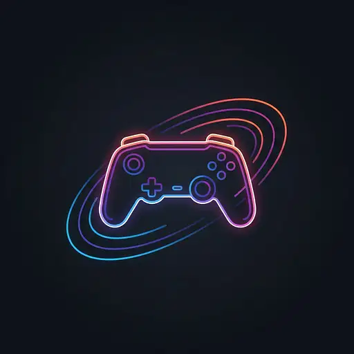 Logo design of a modern neon game controller, glowing edges in blue, purple, and orange, surrounded by dynamic light rings, set on a dark gradient background. Clean, minimalistic, futuristic style, high contrast, soft glow, no text, vector quality.