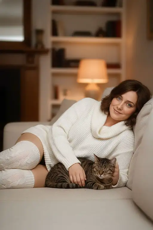 Portrait of a the uploaded woman wearing a super nice white knitted sweater and white kniited overknees, she is lying on the couch, relaxing, beside her is lying a brown tabby cat. background is a blurry cozy living room. hyper-realistic, photorealistic with no cartoon, anime, CGI, or painted effect. Cinematic frame in 2.39:1. Shot with a 50mm lens, shallow depth of field. Lighting is warm. Color grading with soft tones, desaturated background, dreamy glow using a Pro-Mist effect.