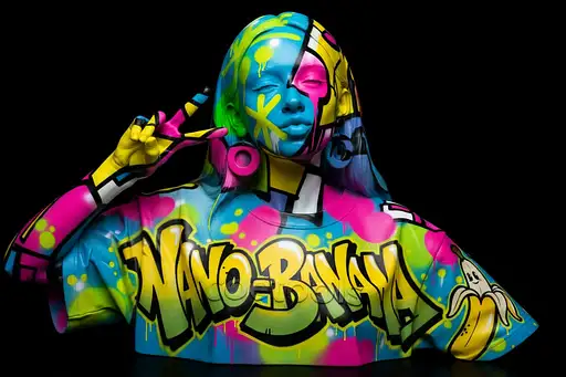 I want the sculpture to be painted by a graffiti artist, I want it to say “nano-banana” and have a drawing of a banana on it