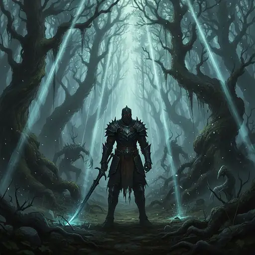 A warrior in a dark, foreboding forest, with beams of eerie light piercing through the dense canopy.