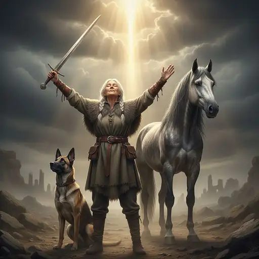 old woman, standing, wearing belted tunic, sword raised, arms raised, looking up, eyes closed, grey war horse on her right, no bridle or saddle. Belgian malinois dog on her left, Heavenly light beaming down on woman, dog and horse.