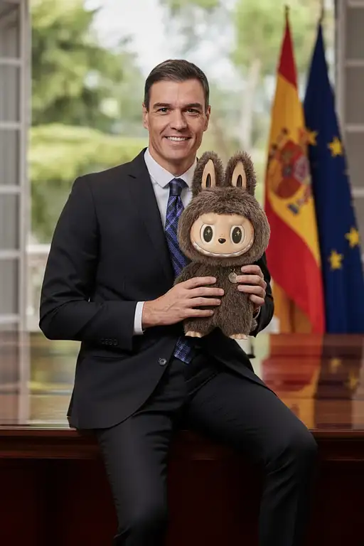 the man holds the doll with pride
