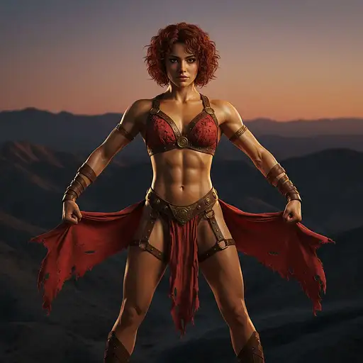 photo of teela in a teela thong costume, read hair, short hair, tan skin, standing in a desert mountain landscape at daylight, dark background, sunset, detailed skin, detailed eyes, depth of field, 8k uhd, dslr, dim lighting, high quality, film grain, <lora:Sasha Calle:1>, full bode, fitness,