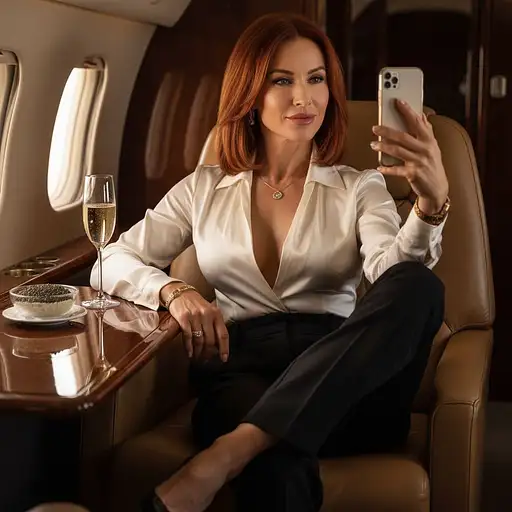 Ultra-realistic 8K RAW luxury portrait of a glamorous 45-year-old woman inside a private jet. Athletic, toned figure with bust emphasized by a tailored cream silk blouse, neckline plunging low, tucked into fitted slacks. Red glossy shoulder-length hair, plump lips in confident smirk. She’s seated in leather recliner, one leg crossed high, smartphone held up in selfie pose. Champagne and caviar rest on polished table, HDR cabin lights glowing warmly across satin fabric and jewelry.