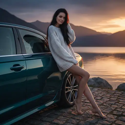 Ultra-realistic portrait, HD, 8K, high definition, rich in professional photographic detail and hyper-realistic textures. Photograph of a slender, fair-skinned woman with long dark hair, wearing an oversized white sweater, barefoot, beautiful feet, 5 toes for feet, leaning against a sleek teal Audi A6 parked by a serene lake at sunset. The sky alternates between shades of deep blue and orange, with distant mountains silhouetted against the horizon.