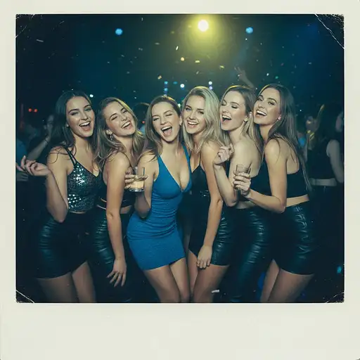 Candid 35mm Polaroid of a group of gorgeous girls partying at a dance club. They look like trouble. they're laughing, having fun, and looking hot. They're trying to get attention. Take the photo using vintage film with hues of blues greens and yellows. Shallow depth of field., photorealistic, highly detailed, real-world, realistic lighting