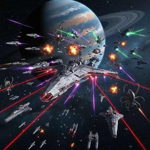 Giant size Spaceship leading an army of large spaceships, battling another army of alien ships. Shooting out lasers from turrets, mini space ships chasing each other, Explosions, Planet as background. Realistic. Far away view to see the alien ship shooting out lasers to the other ships.