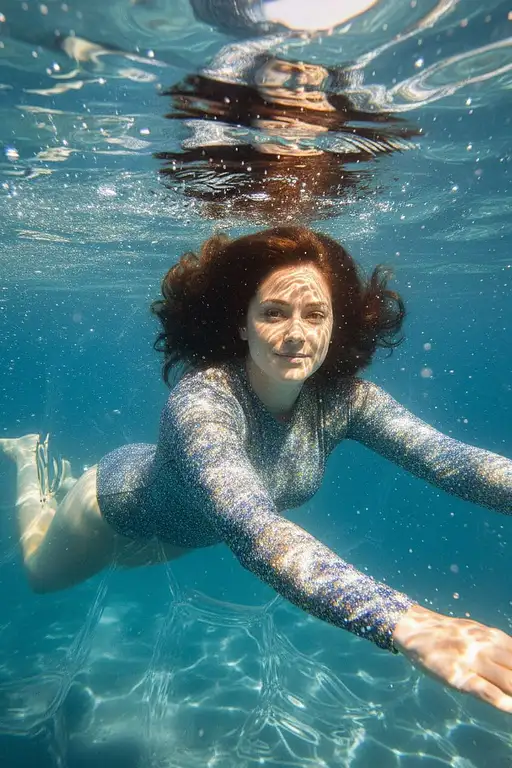 The uploaded woman is swimming underwater. The water around her shimmers like glass. The woman’s shirt color glitters with light blue, yellow, and blue monochromatic, vibrant, hyper realistic style of photography with intricate details in high resolution, high definition professional photograph. --ar 4:5 --v 6.0
