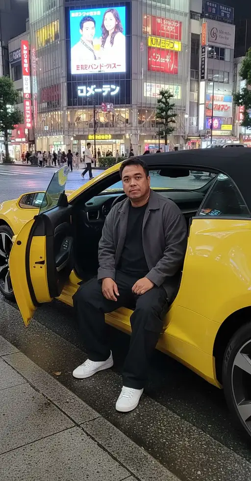 A young man with an ideal, well-proportioned body is sitting casually in a luxurious yellow chevrolet camaro parked on the side of a street in Tokyo at night. His hair is cut short, with the front slightly messy, giving an effortless yet stylish impression. He wears a casual Japanese street-style outfit: a dark oversized jacket, a basic black -shirt, loose-fit pants, clean sneakers .There car's front door is wide open. One of his legs is still inside the car, while the other rests on the wet asphalt, creating a laid-back yet stylish pose. His hand rests casually on his knee, and his face is slightly turned toward the camera, with a calm and confident expression staring as if he's in a movie. The background captures the iconic night atmosphere of Tokyo: colorful neon lights. large digital billboards, shops with Japanese signs, and wet streets reflecting the lights after rain. A few pedestrians walk in the distance, adding an urban vibe while keeping the focus on the main subject. Aspect ratio: 9:16”