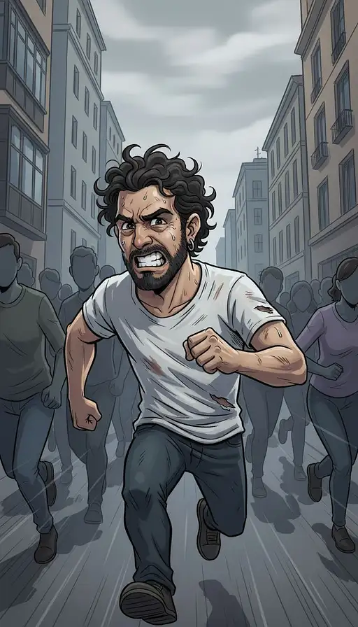 Dame una imagen con en semi-realistic cartoon style. Dame al tipo de la foto corriendo en la dirección opuesta en la que camina una muchedumbre, el tipo está desgarrado, sufre pero avanza con esfuerzo.