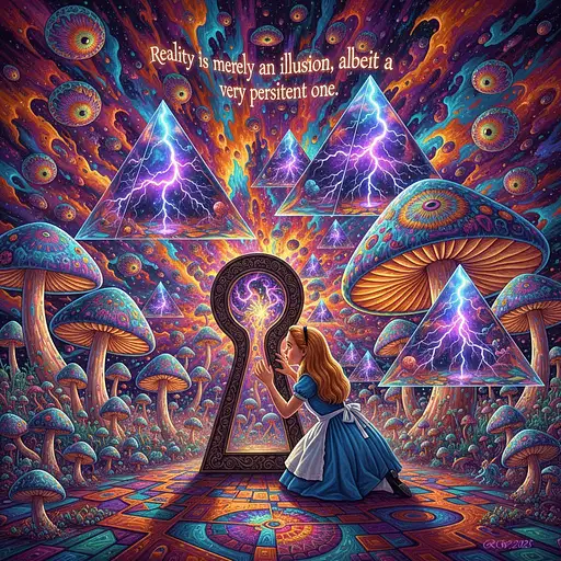 Psychedelic, trippy, surreal. In high, surreal, psychedelic detail and rendered in 8k. Reality is merely an illusion, albeit a very persistent one. Featuring Alice in Wonderland gazing through the keyhole, giant clear Pyramids with lightning inside, and magic mushrooms too 8k.