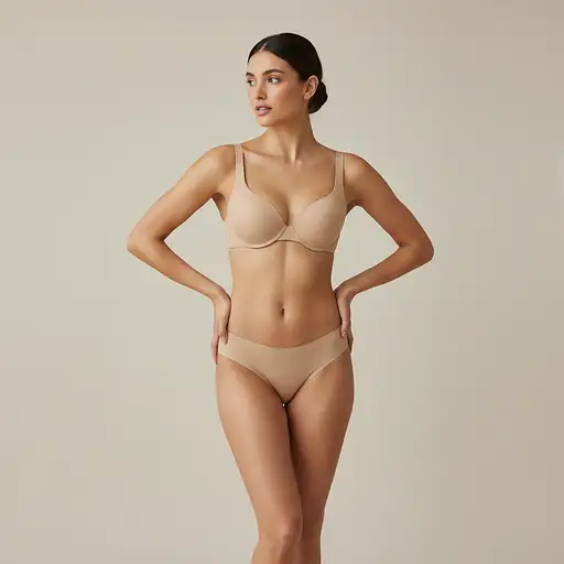 "A hyper-realistic, ultra-detailed full-body depiction of the same woman (173 cm) with a tall, well-proportioned body and natural bust. She is standing casually with her hands resting on her hips, looking slightly to the side. Her entire body, from head to toe, is fully visible in the frame without any cropping or cut-off areas. She is dressed in a matching color bra and thong that seamlessly blends with the scene, ensuring no color conflict with the neutral background. Her long, well-proportioned legs are fully visible, emphasizing their natural shape and symmetry. She has Indian ethnicity with warm undertone white skin, an oval face with high cheekbones, full lips, and a softly defined jawline. Her deep brown eyes and symmetrical facial proportions enhance her natural beauty. She wears no makeup. Her dark brown hair is styled in a sleek low bun with a center parting, ensuring her consistent facial structure is maintained across variations. The soft, natural lighting enhances depth and realism. She stands in a full-body, head-to-toe, wide-framed, front-facing standing pose, ensuring that her entire body, including her feet, is fully within the frame. The image is shot at a true full-body distance with a wide-angle lens, neutral perspective, and correct proportions, preventing any cropping of legs or feet. The camera captures her entire height in a straight-on, wide-framed composition. The background is a simple, neutral gradient, keeping the focus on her. HDR 4K, ultra-detailed textures, extreme photorealism, cinematic quality."