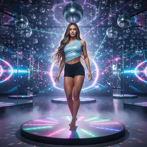 Disco-themed A professional photo of a striking 18-year-old girl in a futuristic dance studio setting, captured with masterpiece, realistic, and photo-realistic details at 8k resolution for extreme clarity and sharpness. The subject is dressed in a light blue dance top and black skinny spandex gymnastic shorts, revealing her perfect, olive-toned, flawlessly smooth skin. Her extremely long, dark ash blonde hair flows naturally around her shoulders, with subtle volume and movement captured in high detail.