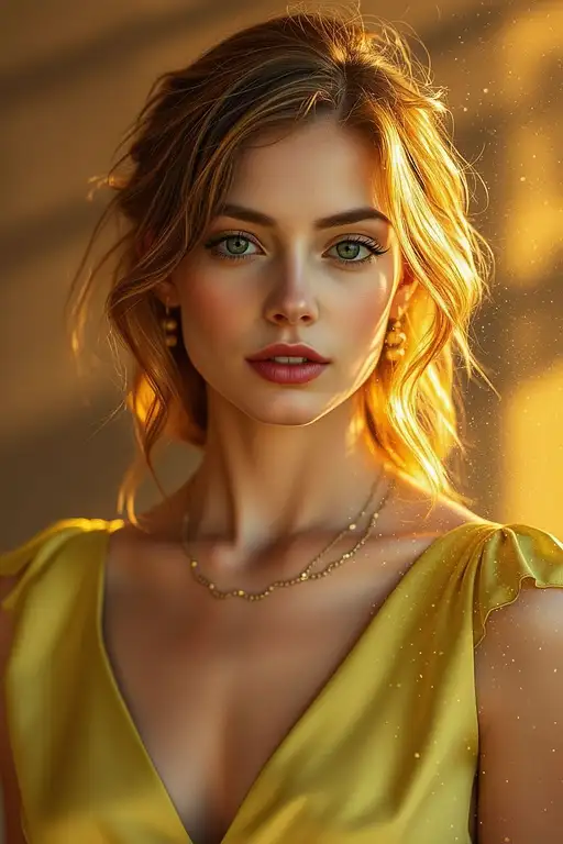 "Fine art photography, head and torso portrait, warm light, soft saturation, early 20's supermodel, tousled bronde ombré hair, emerald green eyes, parted pink lips, chartreuse silk gown, gold necklace and earrings. Soft bokeh background, dust particles in light beam. deep contrast.”