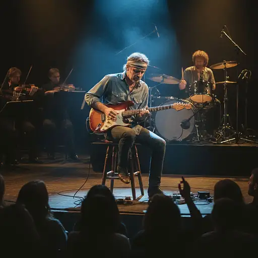 Mark Knopfler performing live on stage in the 1980s, sitting on a wooden stool, wearing a headband, playing electric guitar in fingerstyle, smooth and expressive, intimate stage lighting with blue and warm tones, smoky pub atmosphere, cinematic composition, detailed textures, realistic portrait, audience blurred in background, Drummer slightly visible behind him, softly lit orchestra in the background, classic rock concert vibe, dramatic spotlight on him, filmic depth of field --ar 16:9 --v 6 --q 2 --style 4a
