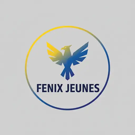 A sleek and modern logo design for a handball club, featuring a stylized geometric phoenix icon with sharp, angular wings. The color scheme is a gradient of vibrant yellow transitioning to deep blue, symbolizing energy and innovation. The typography is clean and sans-serif, with the company name placed below the icon in bold, uppercase letters. The overall style is minimalistic, with (flat design principles) , emphasizing symmetry, clean lines, and a sense of dynamic motion. Designed for versatility across digital and print mediums. Change name into "FENIX Jeunes"
