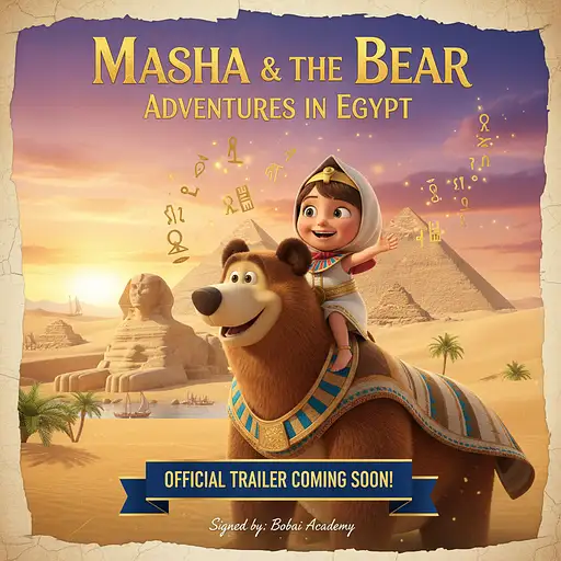 official trailer poster about Masha & the bear Adventures in Egypt signed by:"Bobai Academy"