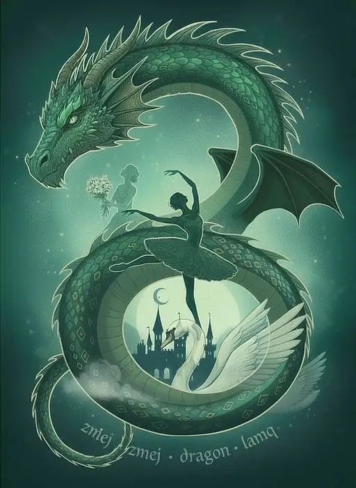 save all of the image- style, ballerinas, castle, swan, moon, colors and everything, dragon tail not in circle form, swan to be NOT transparent, but solid