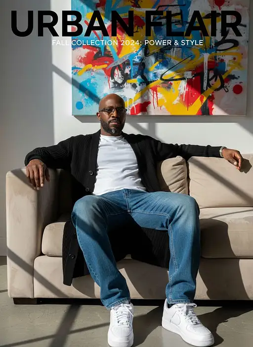 photography, magazine cover, tilt shot, muscular African bold man in his 30s on a beige sofa, casually dressed in a white ralph lauren T-shirt and a long black cardigan with relaxed denim jeans, white Nike Air force sneakers, focus on the fashion model, setting is urban vibe with a light painted with art canvas in the background and shadows from the window creating patterns across the scene.
