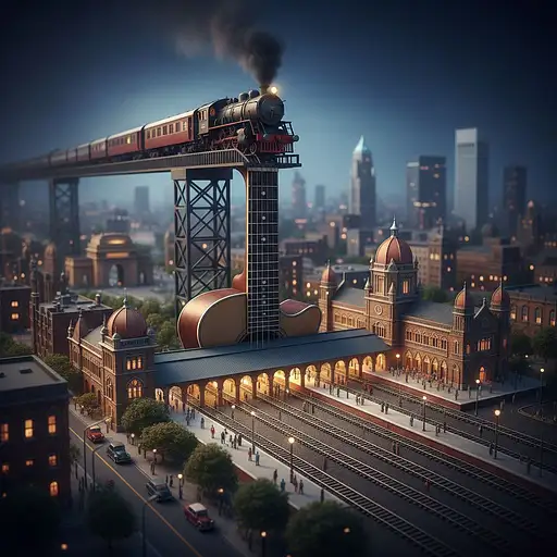 A hyper-realistic miniature scene featuring a train travelling from the top of the guitar’s neck to guitar’s body . The guitar’s body is a huge railway station similar to chatrapathi shivaji terminal. The guitar is placed in the heart of mumbai city. Train is approaching towards the audience. The background is softly blurred with a cool, moody blue tone, creating a stylish and artistic atmosphere.