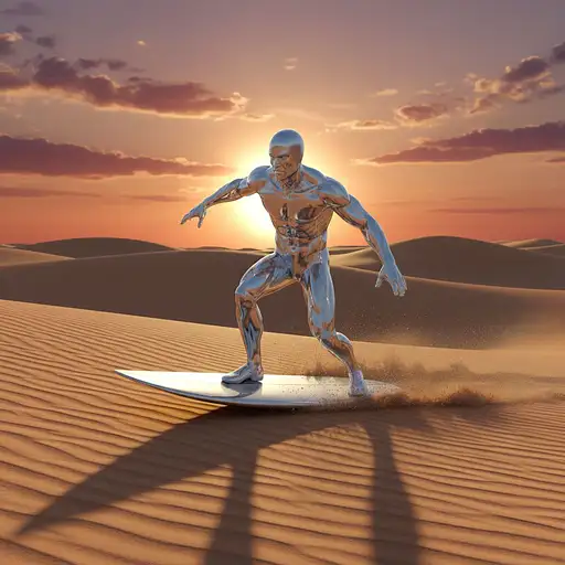 Silver Surfer, 5D UHD 8x ultra sharp,focus, rendering, soft lighting, Realistic ,balanced detailed comic book style, sunset in the background, surfing on sand dunes, full-body shot, highly detailed. --v 6.1