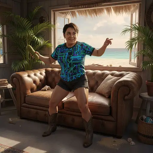 ULTRA 8k REAL LIFE LOOKING PHOTOSHOOT OF a short danny devito carribean looking female crawling out of a leather couch as if she has been engulfed by it holding a large kosher dill pickle wearing short black cutoff jean shorts with cowboy boots and a fiber optic inspired t shirt