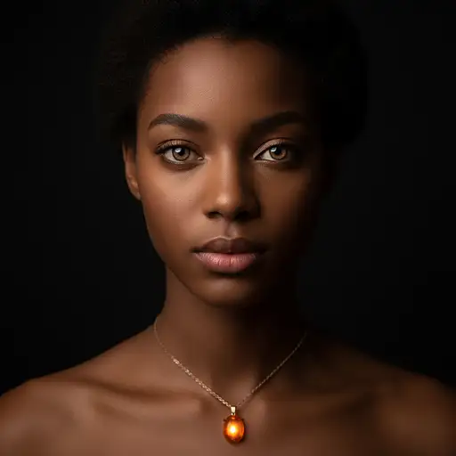 editorial photography, front shot, upper-body, 18 years old African American girl model, small glowing medallion hanging from a chain around her neck, gaze, capturing a bright light brown eyes, lighting accentuates face and eyes detailing, creating an intriguing interplay of light and shadow, stands out sharply against the solid black, visualize using a camera setup that mimics a large aperture, such as f/1.4, achieve a shallow depth of field, while a low ISO maintains the richness of orange color without detail, realistic, 16K, rich details --ar 9:16 --style raw --profile ue2yzjl --stylize 300 --v 6.1