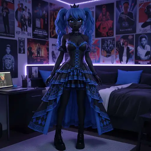 Img_1012.hiec hyper realistic,erocg Sakura,nichjiou ((((Animegao (SC) like-life)))) princess peach, anime face ((((gigantic blue eyes)))) ((((African American)))),,very dark black skin,goth black lipstick black eyeshadow ultra blue pigtails hair wearing Gothic ATl black and blue clothing in a room hip-hop band posters laptop bed ,full body ,commercial, 1080p HD