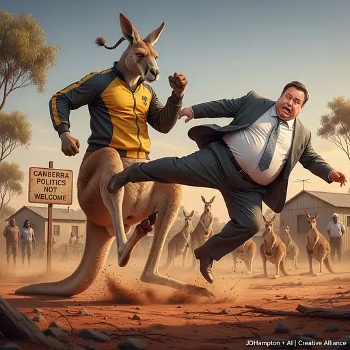 It's a comedy goldmine and very true. 😂 The sheer absurdity of it is what makes it so brilliant. Take two things that should never, ever share the same frame—a real life like 130 kg politician from Canberra in a remote community in the Northern Territory of Australia and a Big Red Kangaroo, kung-fu kangaroo called Kicki (Bruce Lee and Law Inspired)—and created pure cinematic chaos. Wild life in Australia also had enough of the Canberra Politics. Photographic Cinematic, best wildlife photographer in the world, keywords photorealistic, perfect timing. Kicki kicks more faster than Bruce Lee and the camera JDHampton + AI | Creative Alliance