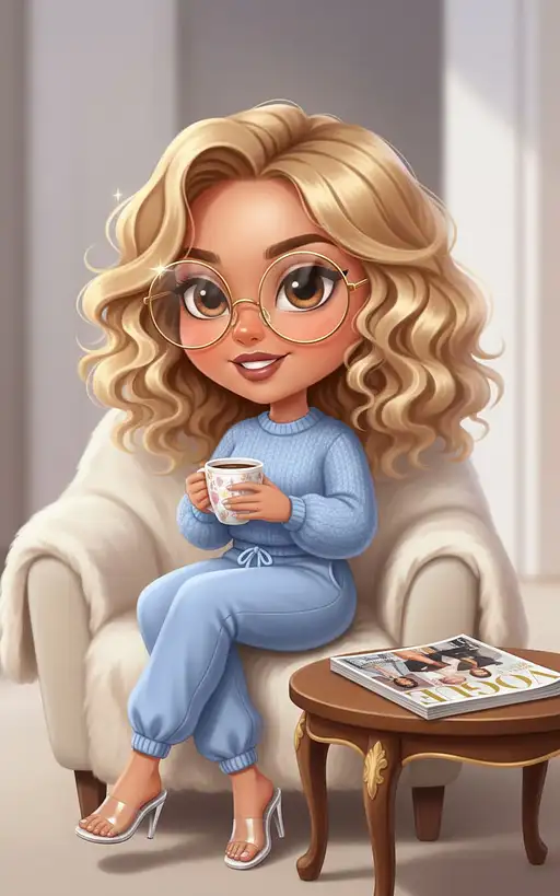 European appearance realistic 18k airbrush chibi illustration of a beautiful glamorous quirky cartoon girl. blonde curly hair, rich tanned skin tone, big round transparent gold glasses with gold frames, wearing a cozy knitted sky blue sweater and sweatpants with ties, clear acrylic high heels sandals, holding a cup of coffee in her hand, sitting in a large cozy chair near the coffee table, on the table there is a glamorous fashion magazine, soft studio lighting, smooth digital painting, detailed hair texture, expressive eyes, neutral background, high detail