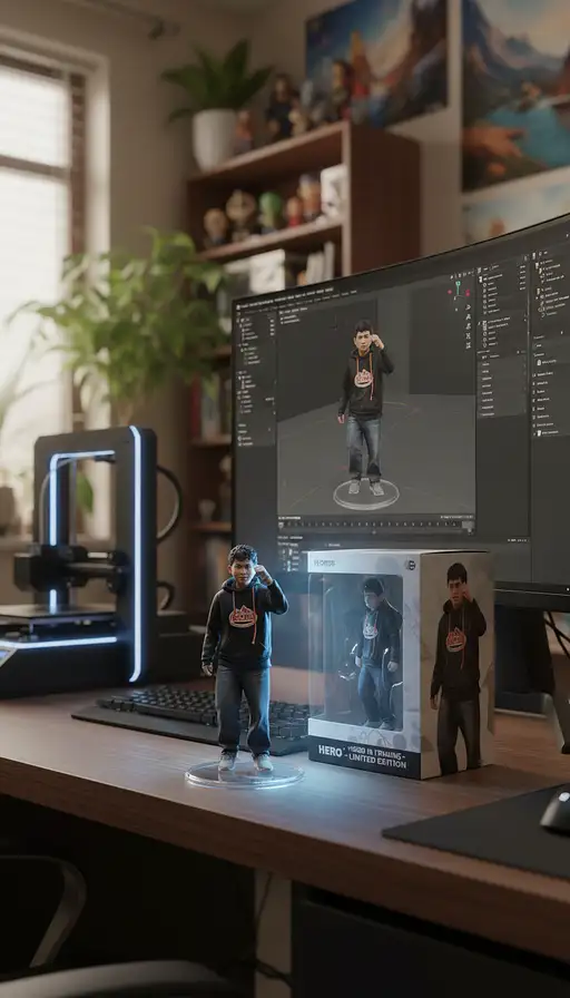 Transforming the photographed person into a realistic 3D figurine in front of a computer desk. The computer screen displays a 3D design drawing of the figurine's software interface. The figurine has a transparent base, and next to it is its matching packaging box, allowing the figurine to be seen. The overall scene is in a realistic style, with the character presented in an ultra-realistic manner. The image quality reaches 4K high definition, the lighting effects are bright and layered, and the colors are saturated and vibrant, showcasing the exquisite imaging effect of high-end photography. Visual Tone: The scene is rich in color and visually impactful. The camera should be able to display different grand backgrounds, with detailed and lively elements in the background, creating an immersive experience.