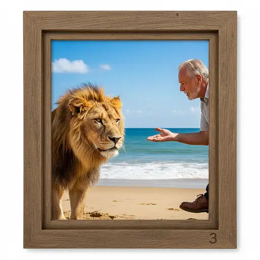 A hyper-realistic, professional photograph, Stand, meer, kleine Wolken, 14:00, links ein löwe vorsichtig interessiert aber eher ärgerlich, rechts ein mann Ende fünfzig mit braunen Schuhen, reicht dem Löwen vorsichtig respektvoll die Hand Holz Rahmen um das bild, rechts unten in der Ecke auf dem Rahmen steht die Zahl 3
